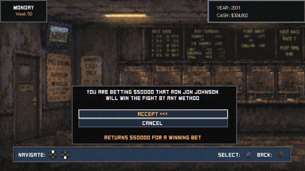 The casino betting screen in a bare knuckle career, with a bet placed on your own fighter to win