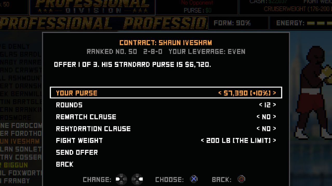 A contract panel for a fight with Shaun Ivesham: offer 1 of 3, his standard purse, and rows for your purse, rounds, rematch clause, rehydration clause, fight weight and send offer