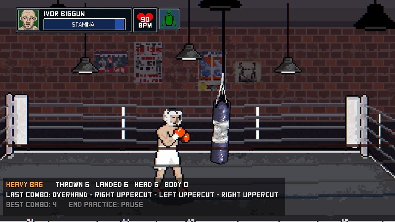 Heavy bag practice in the gym ring: a fighter throws at the bag, with punches thrown and landed, head and body, the last combo and the best combo along the bottom