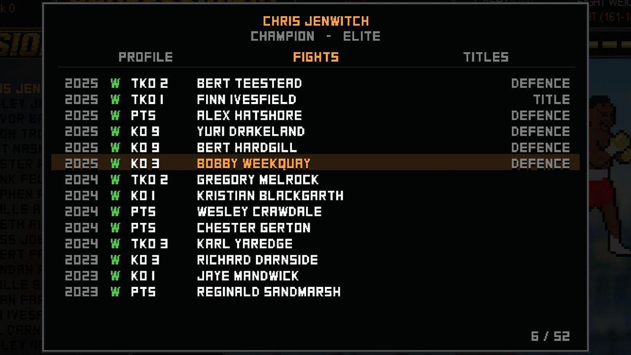 The FIGHTS tab of a profile: every fight he's had, newest first, with the year, the result, how it ended, the opponent, and which were title fights or defences