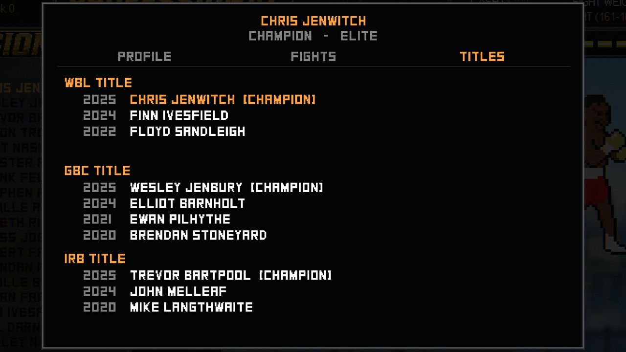 The TITLES tab: the line of champions for the WBL, GBC and IRB titles, year by year
