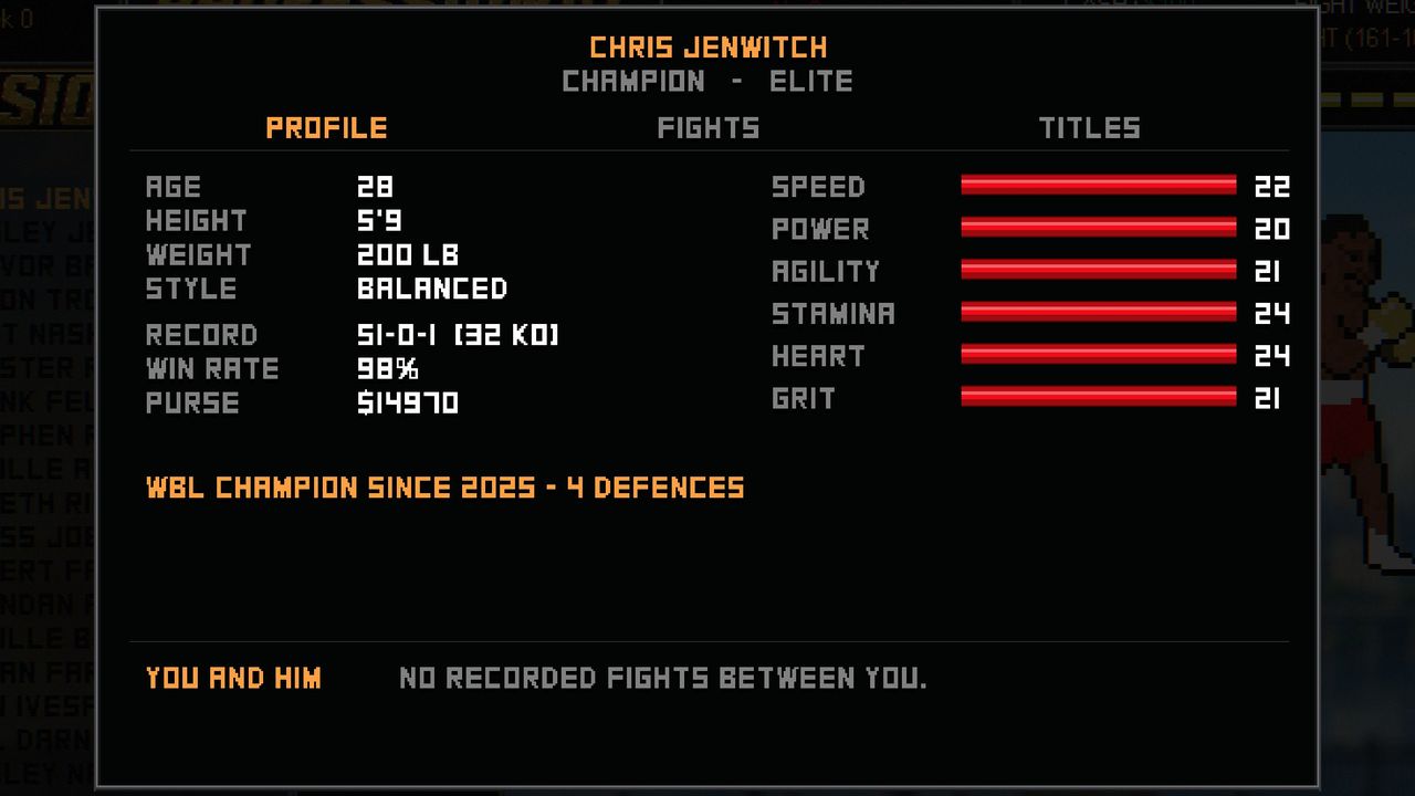 A fighter's profile: Chris Jenwitch, champion and elite, with his age, height, weight, style, a 51-0-1 record with 32 knockouts, his skill bars, and WBL champion since 2025 with 4 defences