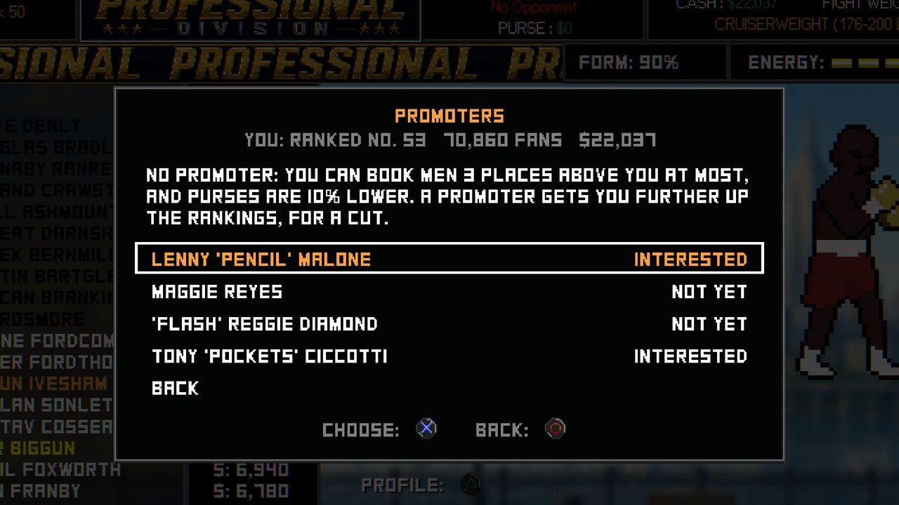 The Promoters panel: without a promoter you can book men 3 places above you and purses are 10% lower; Lenny 'Pencil' Malone interested, Maggie Reyes not yet, 'Flash' Reggie Diamond not yet, Tony 'Pockets' Ciccotti interested