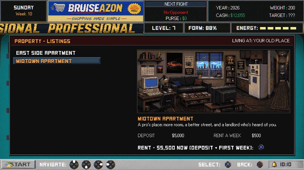 The PROPERTY app on the career computer, listing the East Side Apartment and the Midtown Apartment, with the deposit, weekly rent and the button to rent it