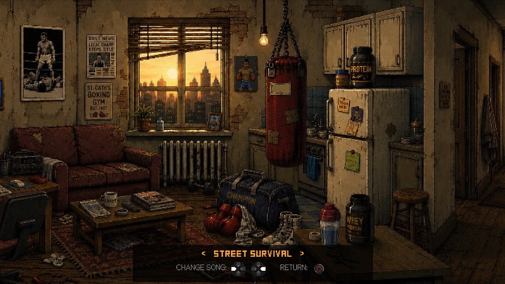 Relax: a scruffy flat full screen at sunset, with a punch bag, a gym bag and gloves on the floor, and a small music bar at the bottom