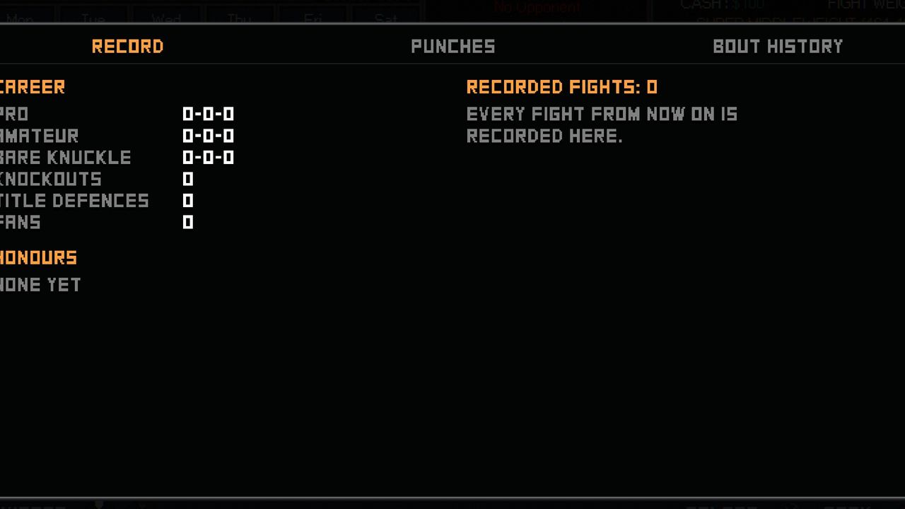 The Statistics screen for a new career: the RECORD tab with pro, amateur and bare knuckle records, knockouts, title defences, fans and honours